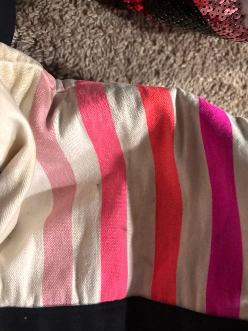 Victoria's Secret Black Canvas Tote with Pink and Coral Stripes
